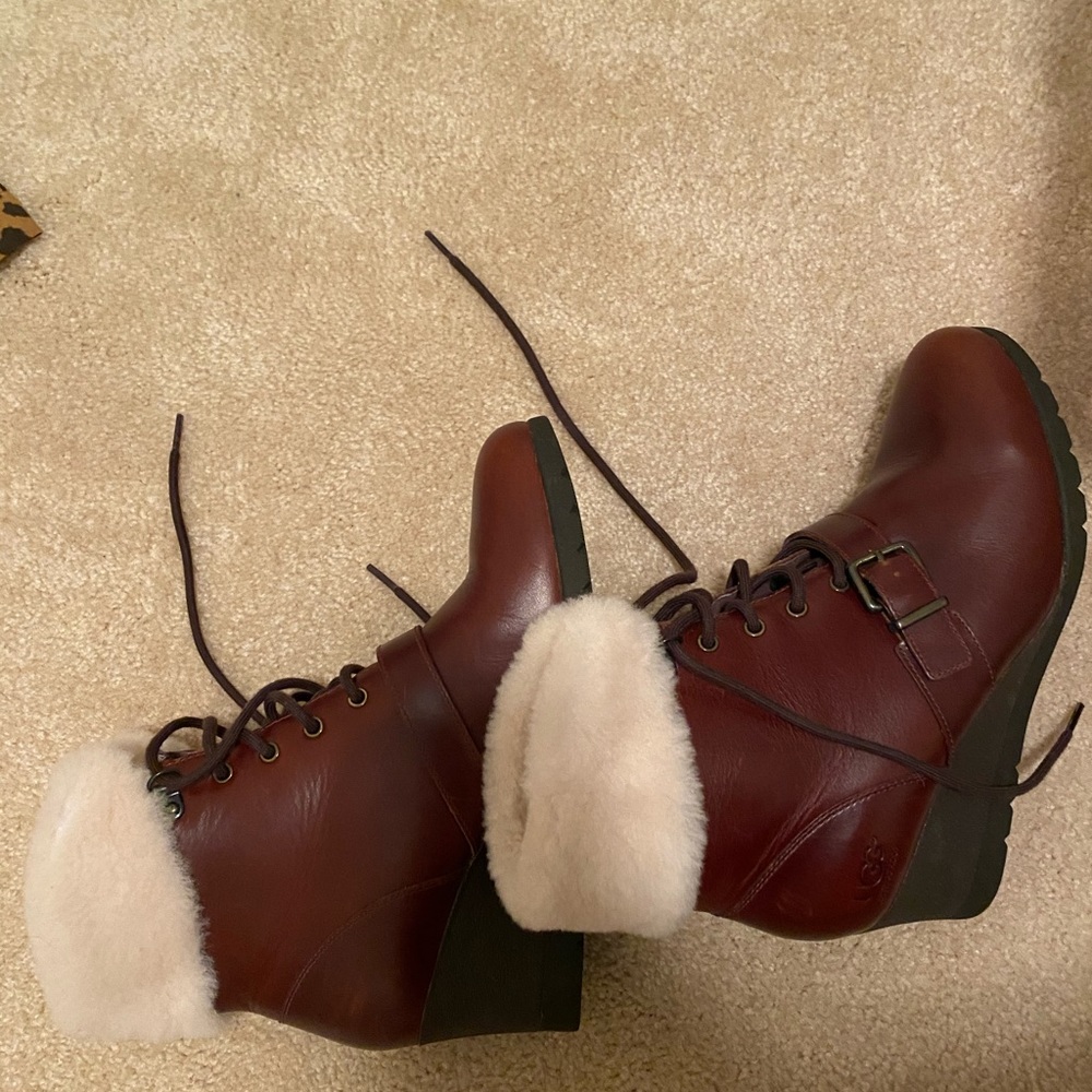 Ugg Leather Sheepskin Lace Up Wedge Booties